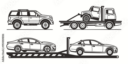 Four different types of cars being towed by tow trucks in a line.