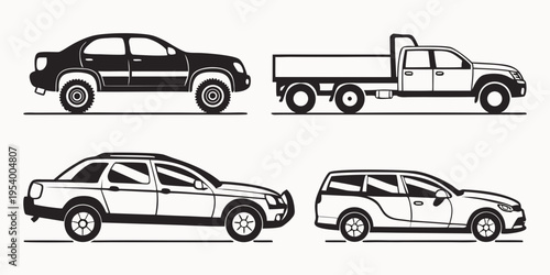 Four distinct types of vehicles showcased in a simple line drawing format.