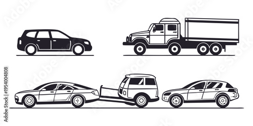 A diverse collection of vehicles including a van, truck, and cars in various states of motion