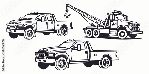 A collection of various types of trucks including a tow truck, a pickup truck, and a utility truck