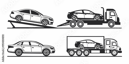 Various cars being transported on a flatbed truck in a simple illustration