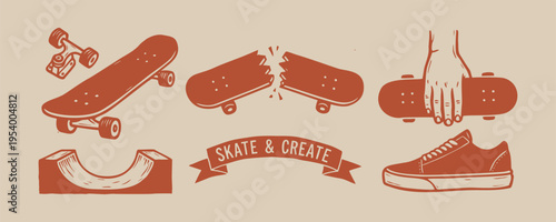 Vintage Skateboarding Illustration Set with Skateboard Ramp and Sneaker