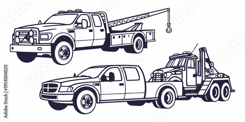 Three different types of tow trucks are illustrated in black and white.