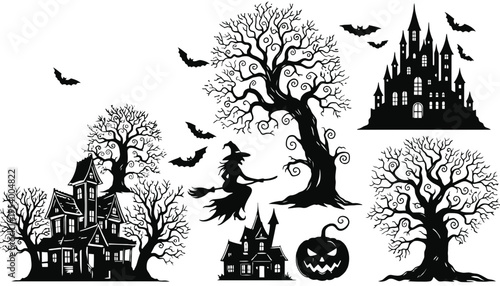 Halloween silhouette vector illustration of spooky houses and trees with witch and bats