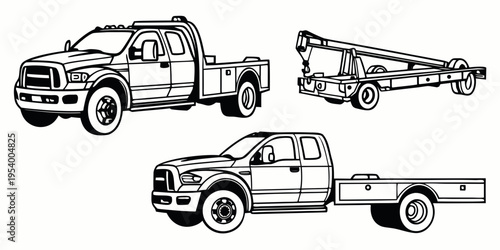 A variety of heavy duty trucks and trailers for towing and transportation purposes