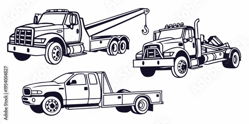 A variety of tow trucks and pickup trucks in black and white illustration