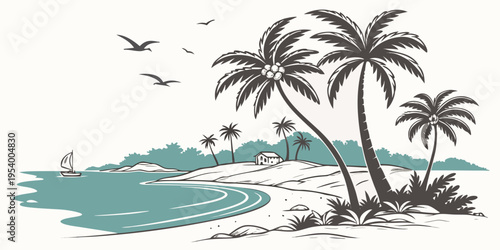 A serene tropical beach scene with palm trees and birds flying over the ocean.
