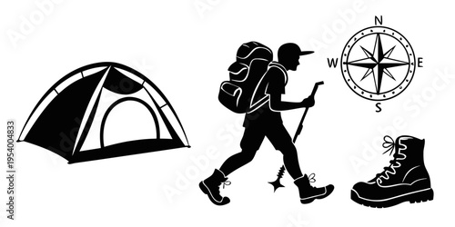 A hiker with a backpack, tent, and compass in a forest setting.