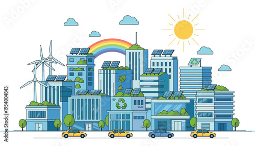 Eco friendly city with solar panels and wind turbines illustration