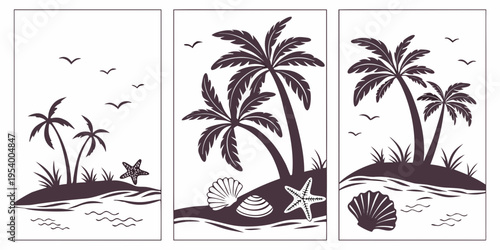 Three distinct tropical island scenes with varying elements and activities.