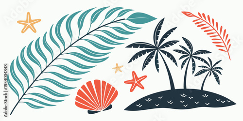 Tropical beach scene with palm trees, shells, and starfish on a sunny day