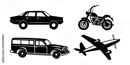 A collection of various transportation vehicles including cars, a motorcycle, and an airplane.