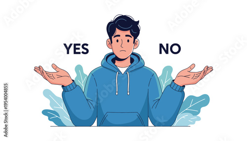 A cartoon man in a blue hoodie considering yes or no options