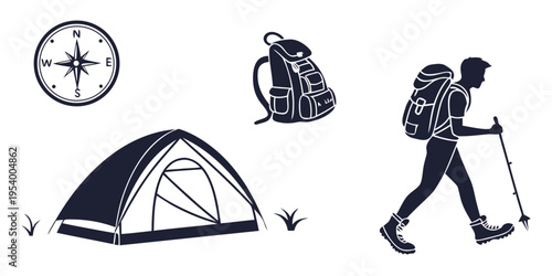 A hiker with backpack and tent surrounded by camping and hiking equipment