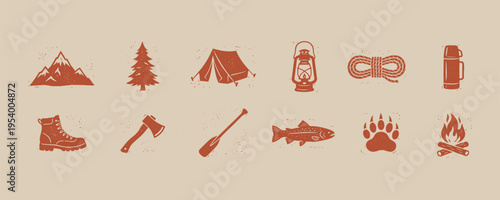 Vintage Retro Camping and Outdoor Adventure Icon Set
