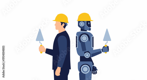 Human and Robot Construction Workers Holding Trowels - Future of Automation and Labor Collaboration Concept Illustration