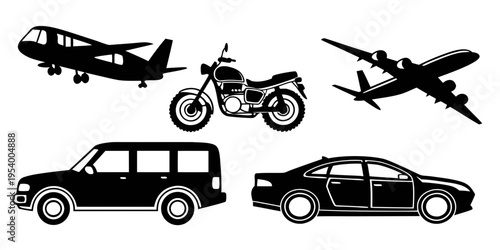 A collection of various transportation vehicles including planes, motorcycles, and cars