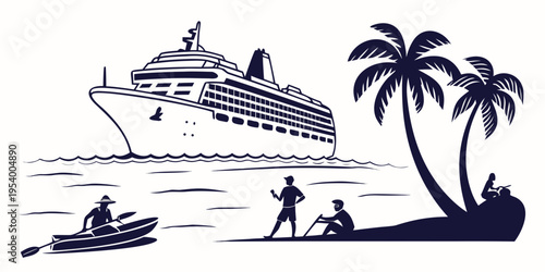 A large cruise ship sailing in the ocean with people enjoying water activities