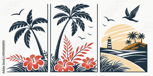 Tropical paradise with palm trees, birds, and a sunset over a beach hut