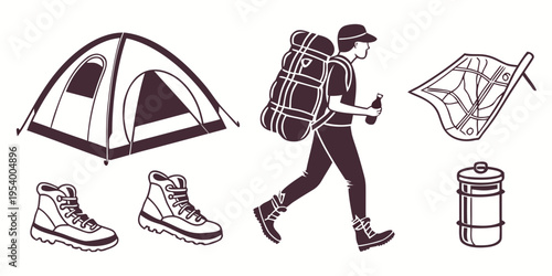 A person hiking with a tent, boots, backpack, and map.
