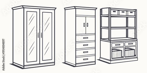 Three distinct wooden furniture pieces including a cabinet, dresser, and bookshelf.