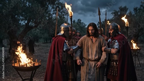 Jesus Christ apprehended by Roman soldiers in the Garden of Gethsemane, a pivotal moment of divine betrayal, an agonizing arrest, ancient scripture fulfilled