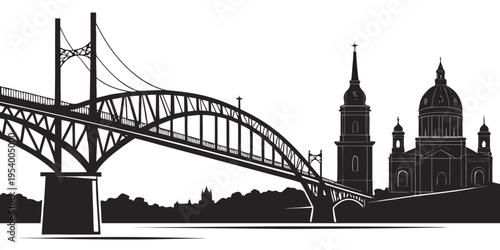 Iconic bridge and cathedral in a cityscape with a serene river view