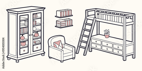 A variety of children's bedroom furniture including a bunk bed, wardrobe, and crib.