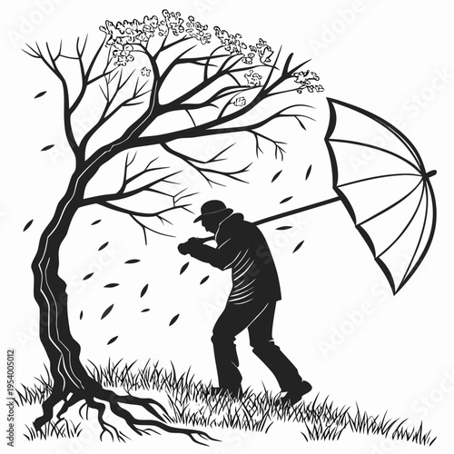Silhouette of person struggling with umbrella in windy autumn tree setting