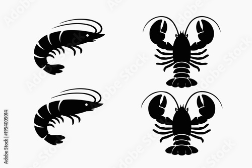 Minimalist shrimp and lobster silhouettes, clean vector style, solid black shapes, isolated on pure white background.