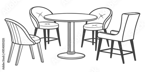 A modern dining set with a round table and four different chairs.