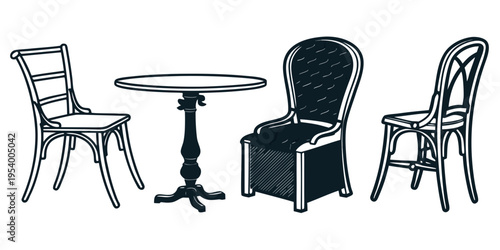 A vintage-style dining set with a round table and three distinct chairs