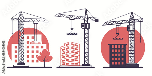 Illustration of construction cranes building various types of structures