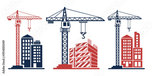 Three construction cranes towering over buildings in a cityscape