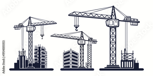 Three towering cranes dominate a construction site in a bustling urban landscape