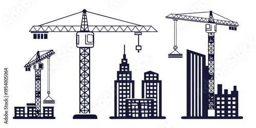 Construction cranes and buildings in a cityscape illustration