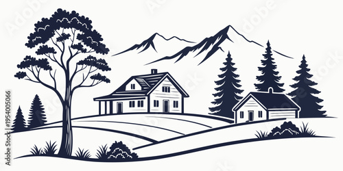 A serene landscape featuring a house nestled among trees with mountains in the background