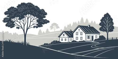 A serene countryside scene with a house and trees under a clear sky