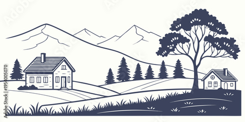 A serene countryside landscape with a house, trees, and distant mountains