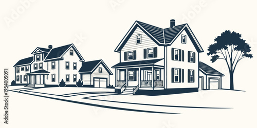 A charming suburban neighborhood with houses and trees lining the street