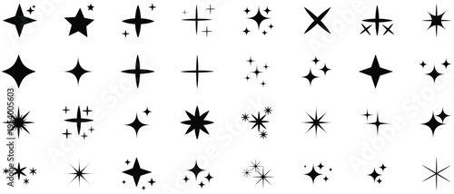 Collection of black starburst shapes and sparkles