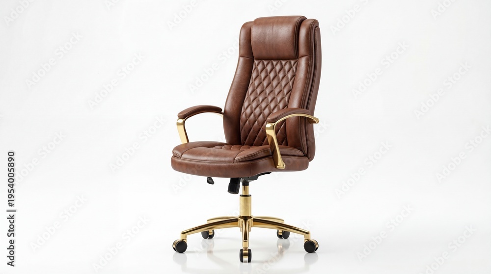 Fototapeta premium Luxury executive office chair with brown leather upholstery and a polished gold metal base frame