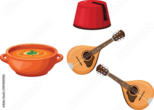 Vector illustration of cultural objects including bowl of soup, fez hat, mandolin instruments, traditional food, headwear, music design
