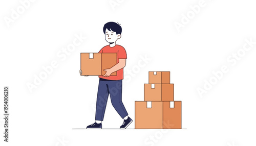 A cartoon boy carrying a cardboard box next to stacked boxes