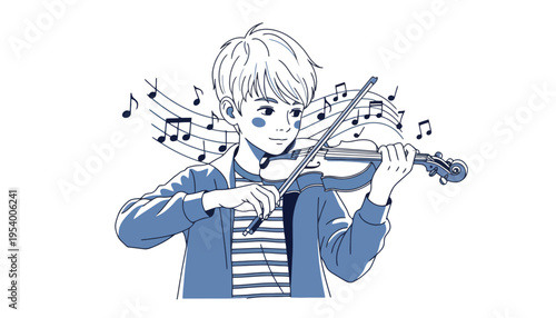 A young boy playing a blue violin with musical notes around him