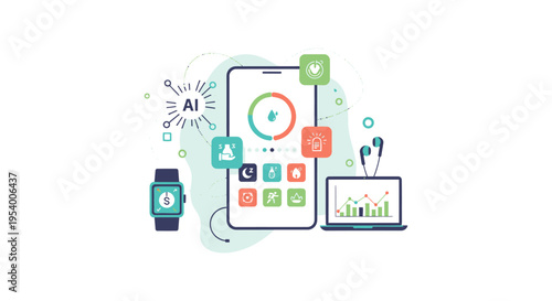 AI Digital Health Ecosystem: Mobile App, Smartwatch, and Analytics Dashboard for Comprehensive Fitness and Wellness Data Tracking.