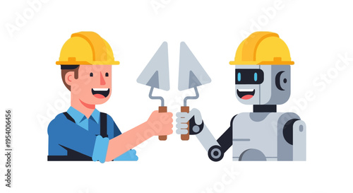 Human Construction Worker and AI Robot Collaborating with Trowels Flat Vector Illustration