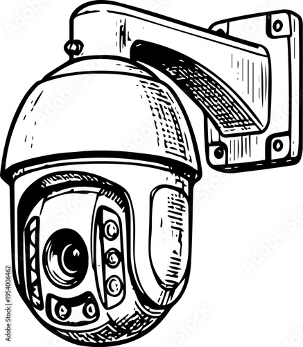 TZ Dome CCTV Security Camera with IR LEDs Black and White Vector Line Art