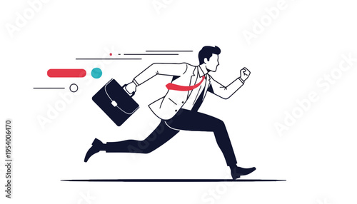 A businessman running quickly with a briefcase in his hand.