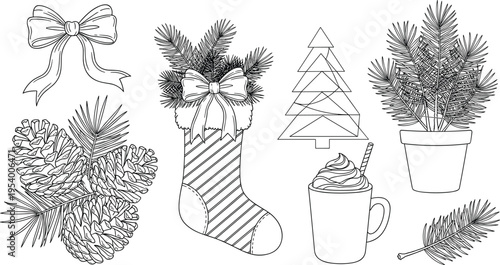 Christmas Holiday Vector Line Art Elements Set Featuring Pine Cones Pine Branches Gift Bow Striped Stocking Abstract Tree Hot Cocoa Mug and Pot.
